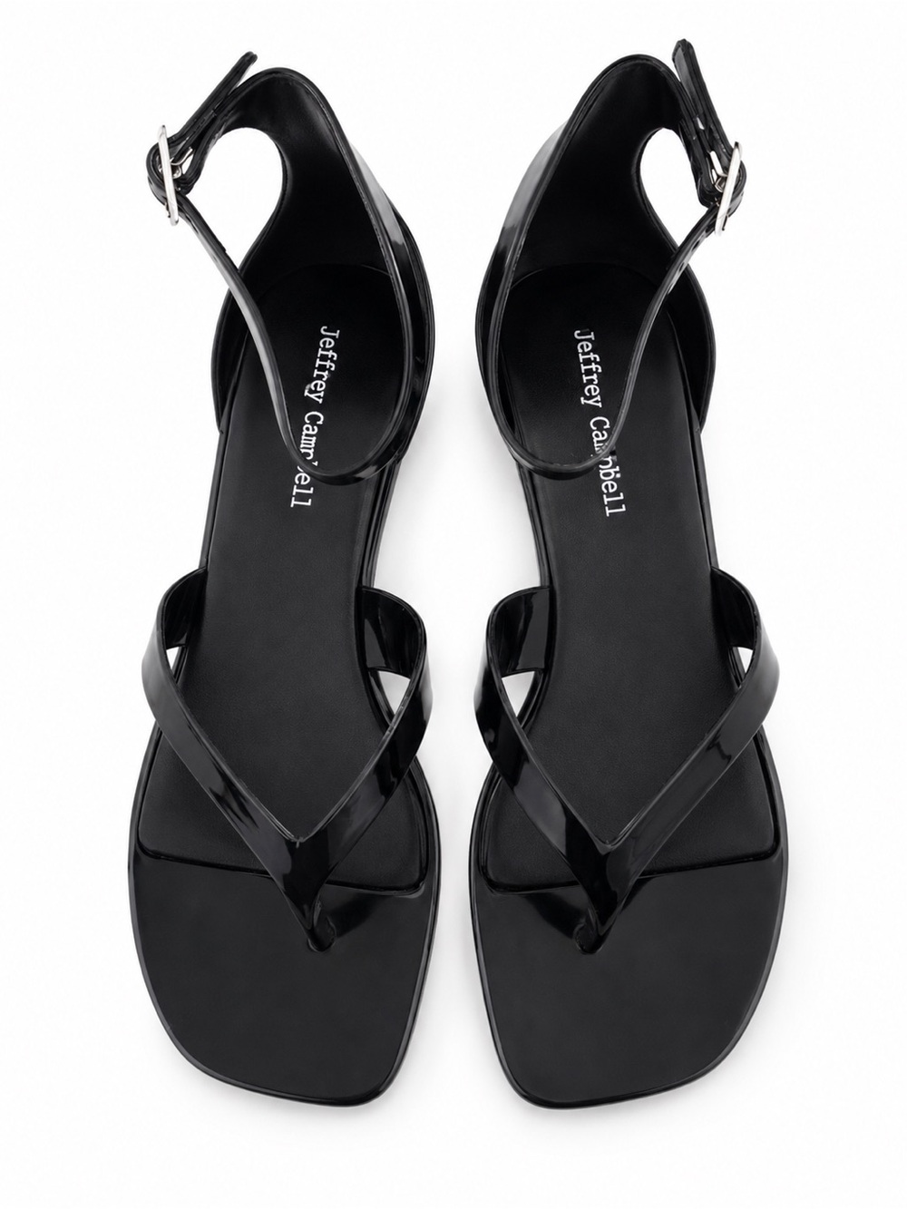 Jeffrey Campbell Black Gummy Patent Ankle-Strap Thong Sandals kitten heel NWT
